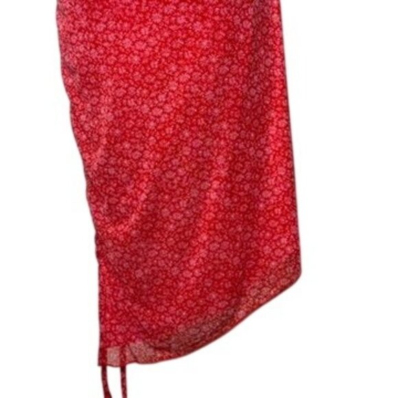 Red Floral Ruched Mesh Assymetrical Midi Dress Womens M Y2K Coquette 90s Beachy - Picture 7 of 12